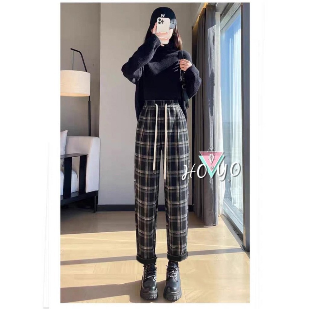 熱銷現貨🇹🇼毛呢面料挺版 顯瘦 格子褲 哈倫褲 格紋褲 老爺褲 女長褲 修身褲 日系 休閒長褲 休閒褲-細節圖7