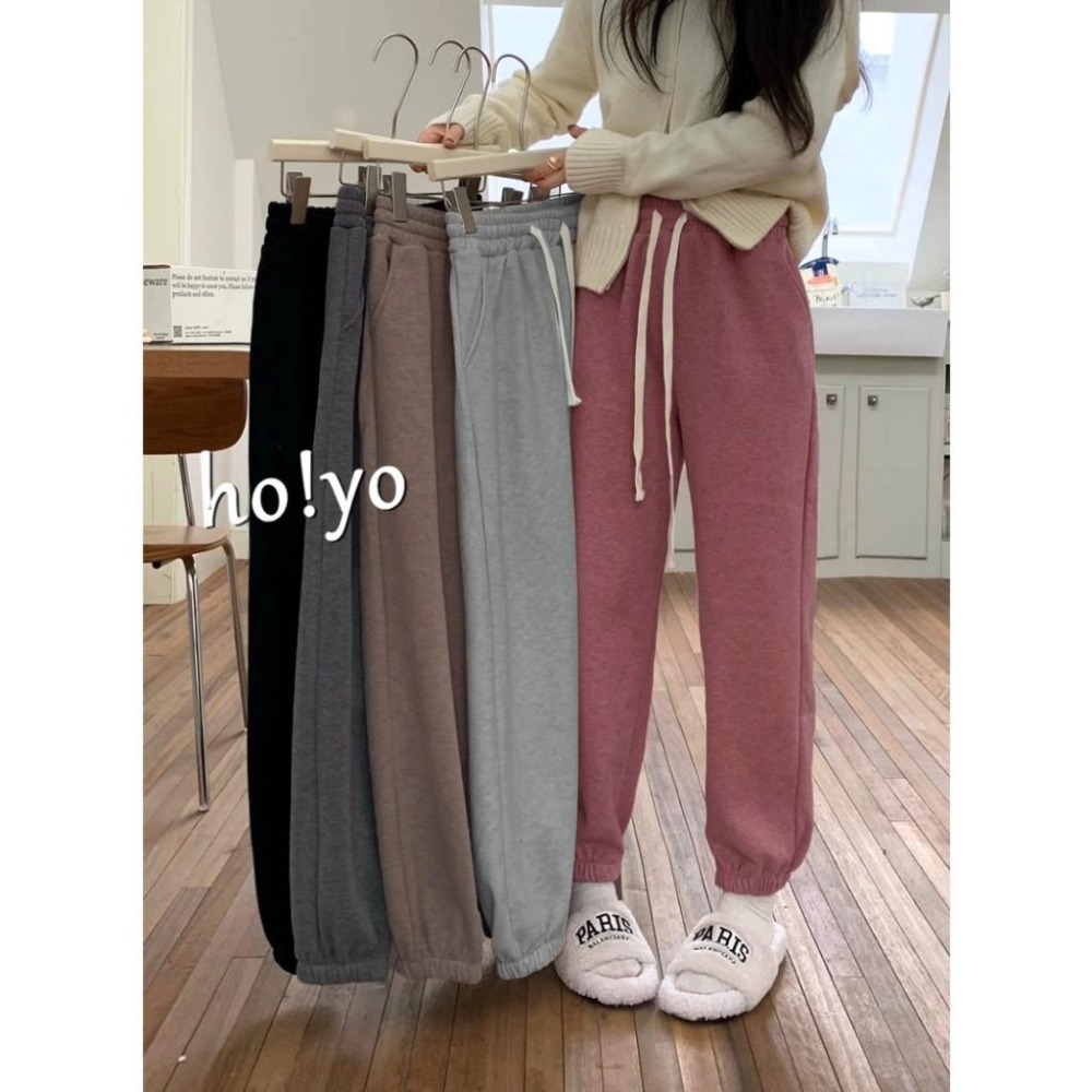 台灣現貨🍁德絨面料純色百搭運動褲 莫蘭迪色 束口褲女 顯瘦高腰口袋綁繩 休閒褲 縮口褲 哈倫褲 女工作褲 長褲 運動褲-細節圖2