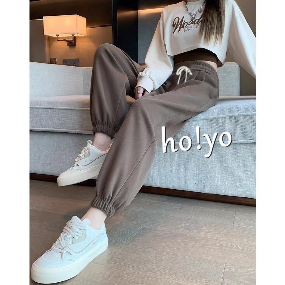 台灣現貨🍁德絨面料純色百搭運動褲 莫蘭迪色 束口褲女 顯瘦高腰口袋綁繩 休閒褲 縮口褲 哈倫褲 女工作褲 長褲 運動褲-細節圖3