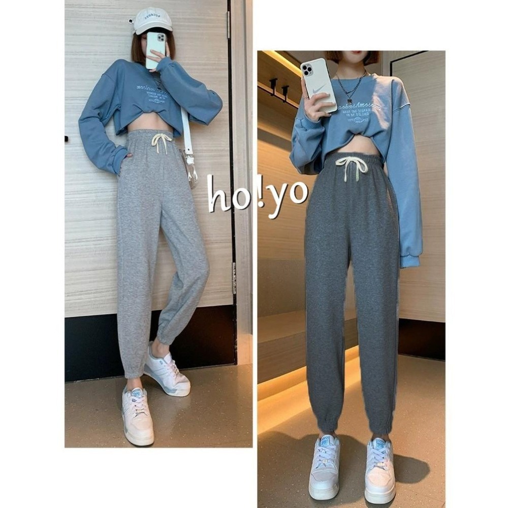 台灣現貨🍁德絨面料純色百搭運動褲 莫蘭迪色 束口褲女 顯瘦高腰口袋綁繩 休閒褲 縮口褲 哈倫褲 女工作褲 長褲 運動褲-細節圖4