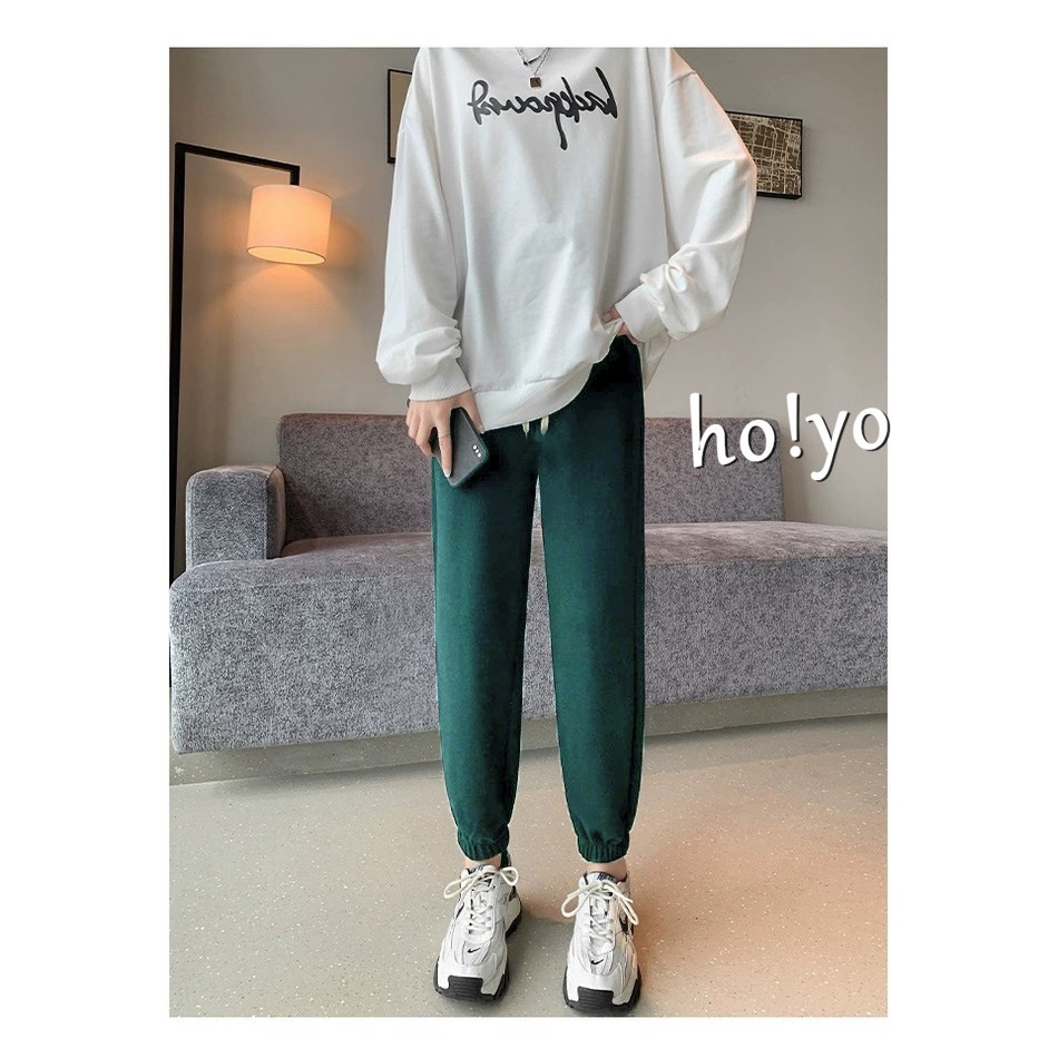 台灣現貨🍁德絨面料純色百搭運動褲 莫蘭迪色 束口褲女 顯瘦高腰口袋綁繩 休閒褲 縮口褲 哈倫褲 女工作褲 長褲 運動褲-規格圖9