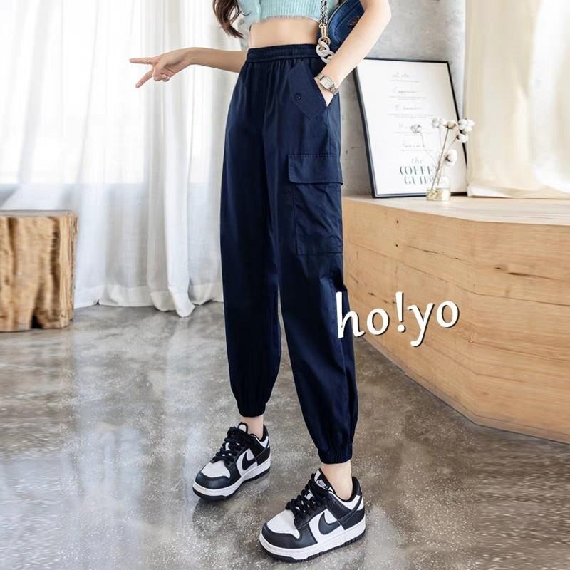 現貨熱銷🇹🇼超顯瘦彈力透氣 高腰鬆緊挺版 側口袋工作褲 工裝褲 工作褲女 休閒褲 休閒長褲 束口褲 縮口褲 顯瘦長褲-細節圖2