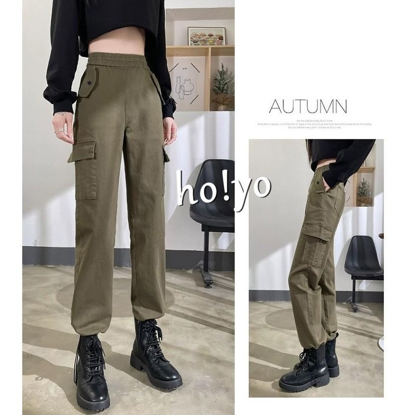 現貨熱銷🇹🇼超顯瘦彈力透氣 高腰鬆緊挺版 側口袋工作褲 工裝褲 工作褲女 休閒褲 休閒長褲 束口褲 縮口褲 顯瘦長褲-細節圖3