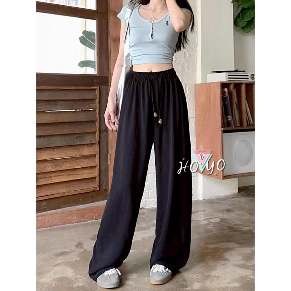 現貨🇹🇼韓系涼感薄款水波紋 口袋寬褲 直筒褲  闊腿褲 裝飾綁帶 寬鬆長褲 休閒褲落地褲 高腰寬褲 A字寬褲 寬褲女-細節圖3