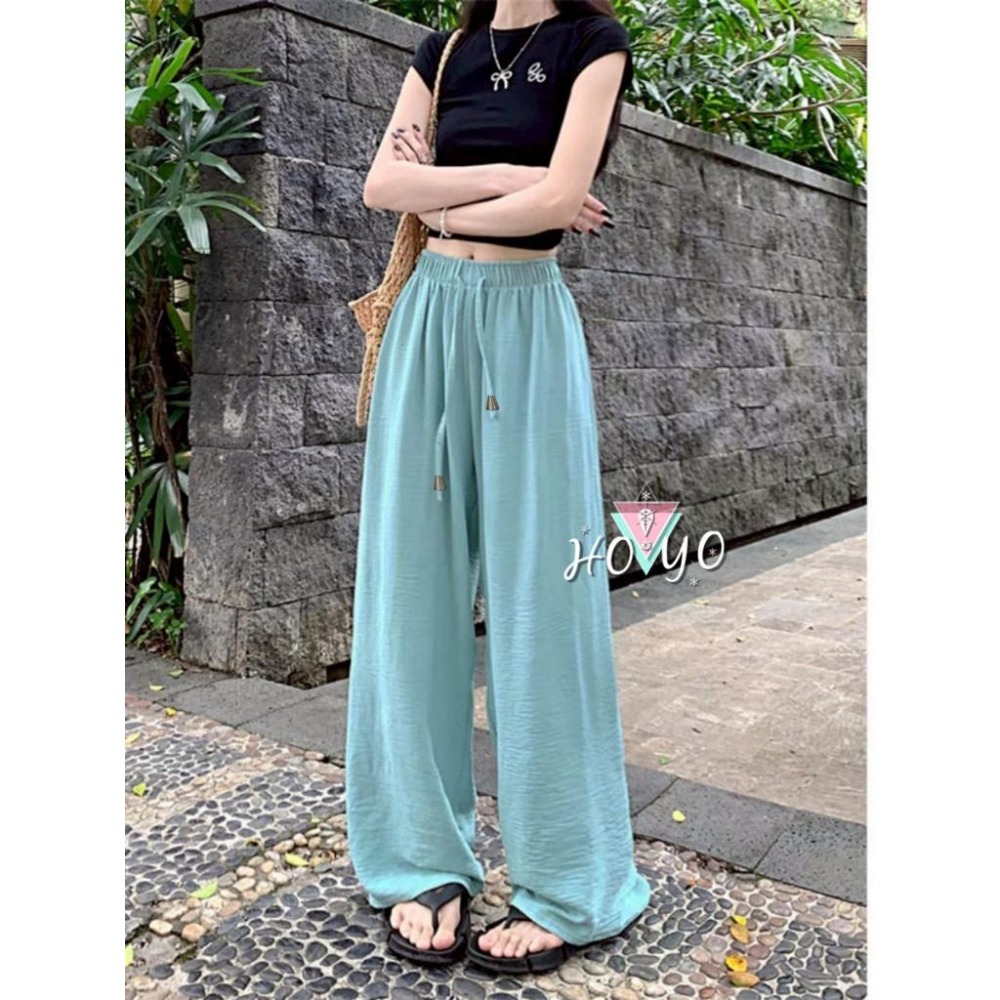 現貨🇹🇼韓系涼感薄款水波紋 口袋寬褲 直筒褲  闊腿褲 裝飾綁帶 寬鬆長褲 休閒褲落地褲 高腰寬褲 A字寬褲 寬褲女-細節圖8