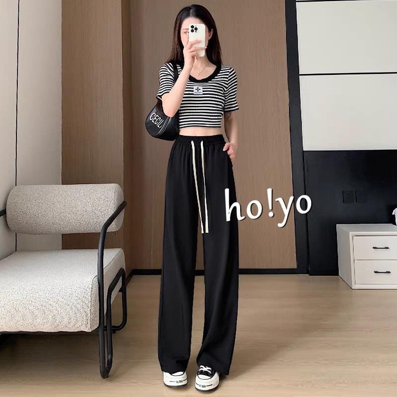 韓系🇹🇼 高質感顯瘦口袋螺紋涼感垂墜寬褲 直筒褲 高腰垂感寬鬆 闊腿褲 褲子 長褲 休閒褲 女裝 高腰褲 直筒褲-細節圖2