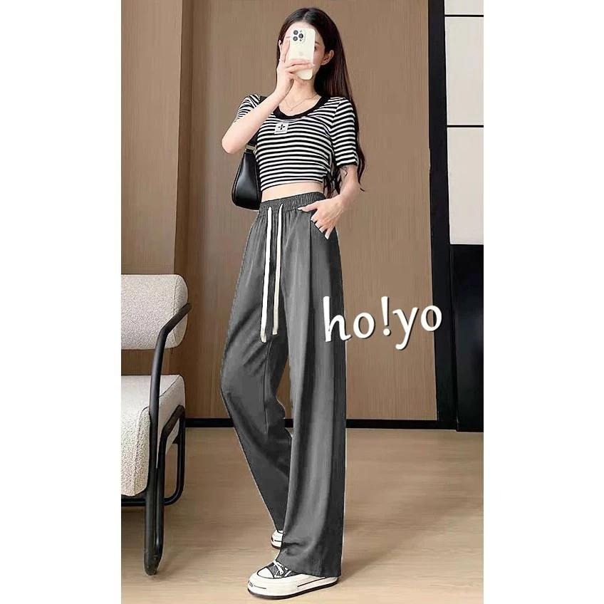 韓系🇹🇼 高質感顯瘦口袋螺紋涼感垂墜寬褲 直筒褲 高腰垂感寬鬆 闊腿褲 褲子 長褲 休閒褲 女裝 高腰褲 直筒褲-細節圖3