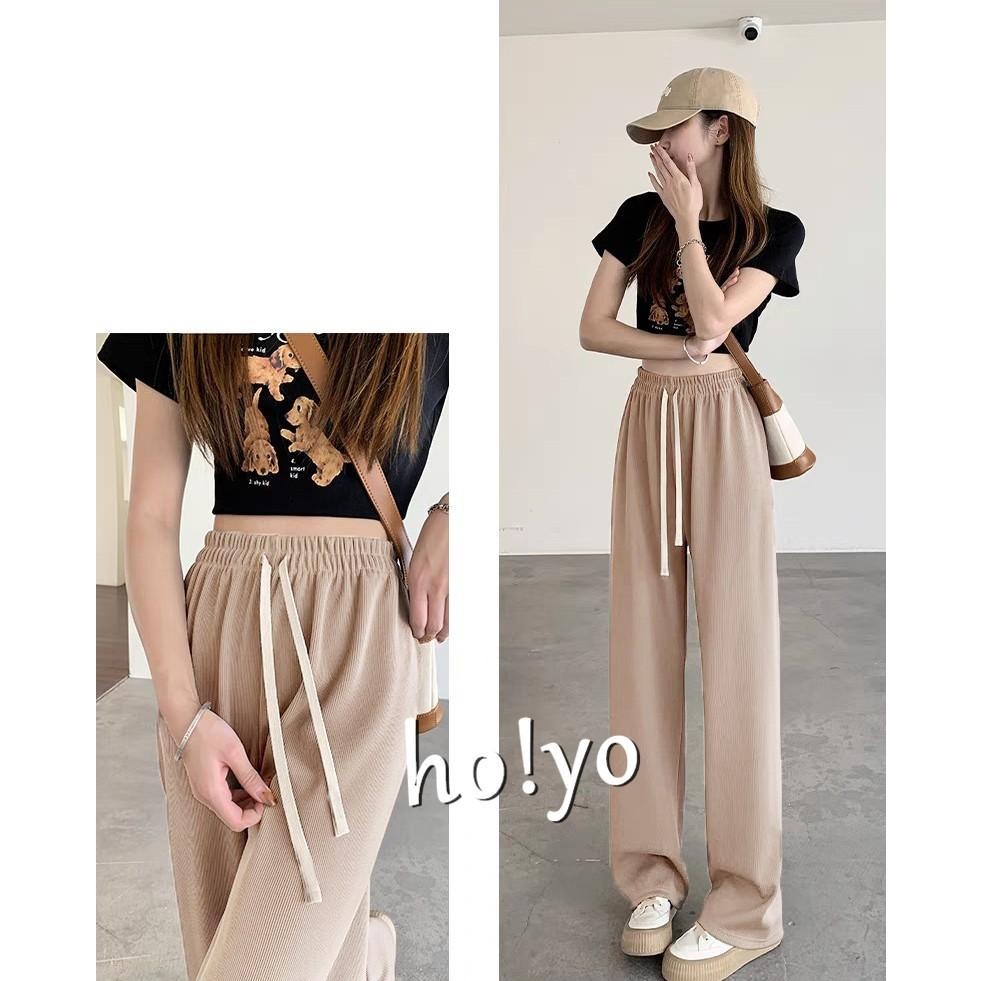 韓系🇹🇼 高質感顯瘦口袋螺紋涼感垂墜寬褲 直筒褲 高腰垂感寬鬆 闊腿褲 褲子 長褲 休閒褲 女裝 高腰褲 直筒褲-細節圖5