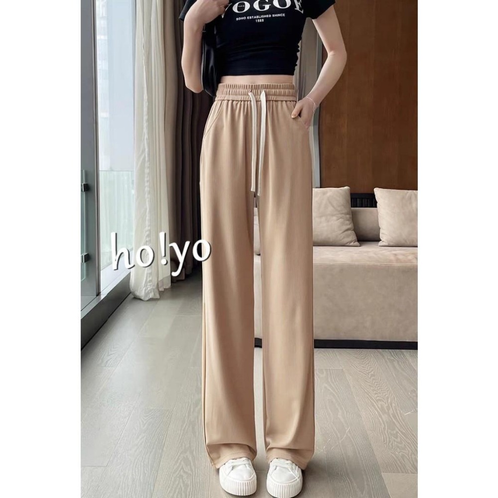 韓系🇹🇼 高質感顯瘦口袋螺紋涼感垂墜寬褲 直筒褲 高腰垂感寬鬆 闊腿褲 褲子 長褲 休閒褲 女裝 高腰褲 直筒褲-細節圖6