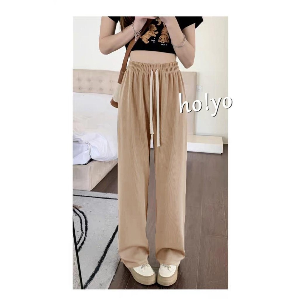 韓系🇹🇼 高質感顯瘦口袋螺紋涼感垂墜寬褲 直筒褲 高腰垂感寬鬆 闊腿褲 褲子 長褲 休閒褲 女裝 高腰褲 直筒褲-細節圖9