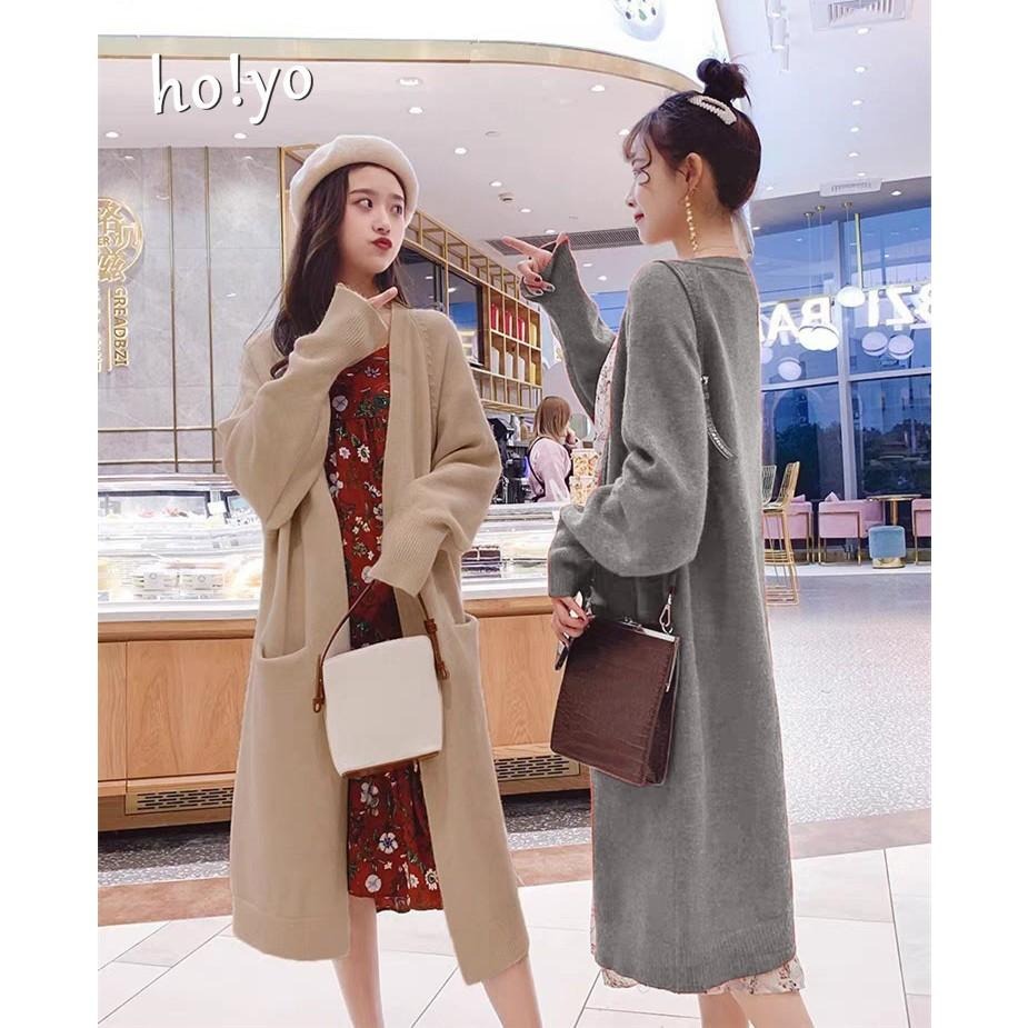 現貨雙口袋顯瘦秋冬款 彈性 長版針織外套 包芯紗 韓版針織寬鬆開衫外套 針織毛衣 中長款 韓國 毛衣外套十色 親膚 罩衫-細節圖3