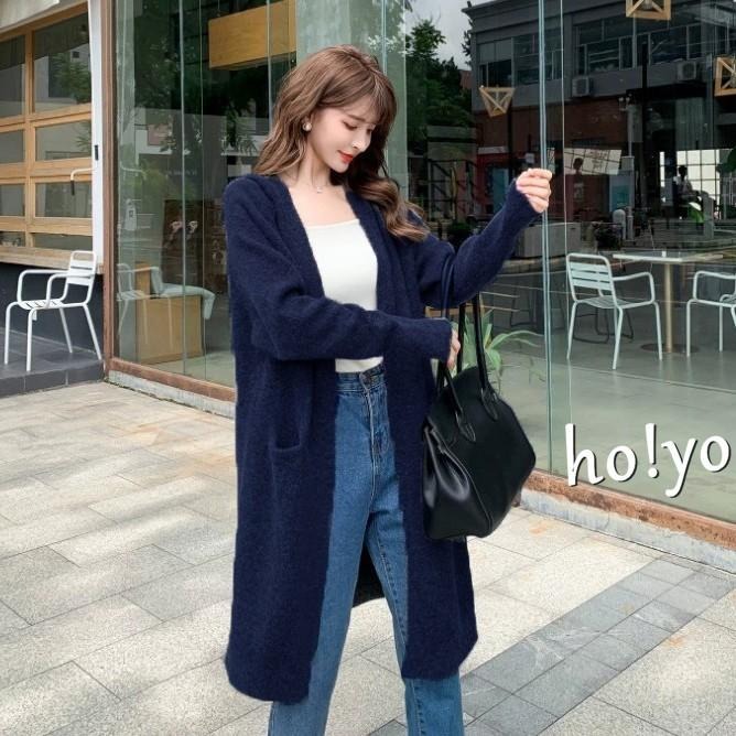 現貨雙口袋顯瘦秋冬款 彈性 長版針織外套 包芯紗 韓版針織寬鬆開衫外套 針織毛衣 中長款 韓國 毛衣外套十色 親膚 罩衫-細節圖4