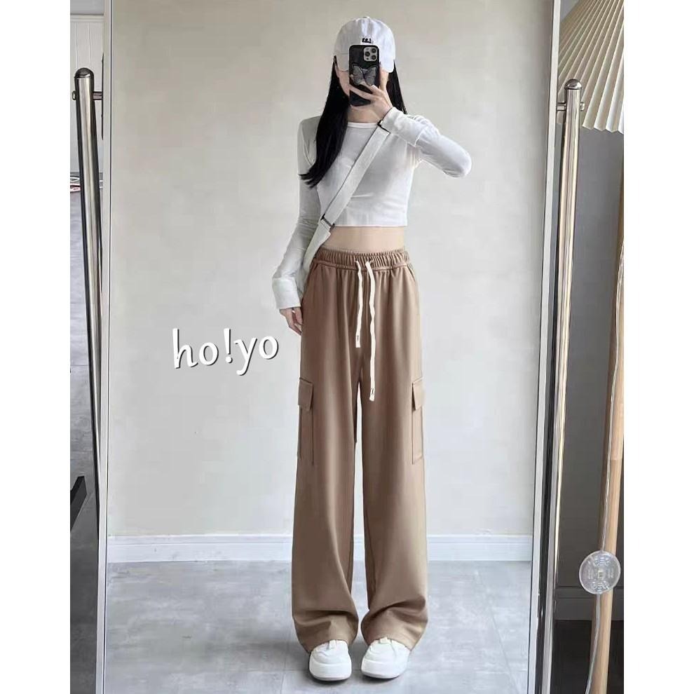 7色任選🇹🇼顯瘦中厚挺版 鬆緊高腰 工裝褲 寬褲 工作褲 直筒褲 闊腿褲 休閒褲 休閒長褲 落地褲 長褲 褲子-細節圖3