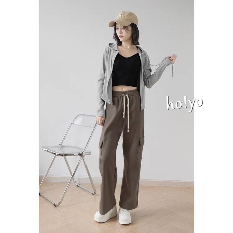 7色任選🇹🇼顯瘦中厚挺版 鬆緊高腰 工裝褲 寬褲 工作褲 直筒褲 闊腿褲 休閒褲 休閒長褲 落地褲 長褲 褲子-細節圖4