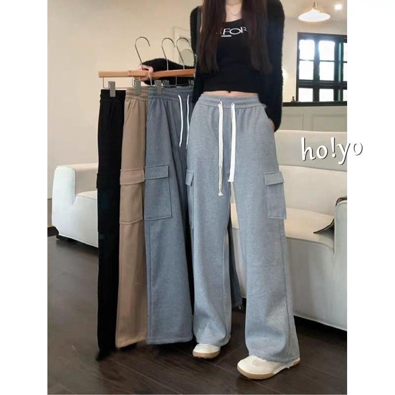 7色任選🇹🇼顯瘦中厚挺版 鬆緊高腰 工裝褲 寬褲 工作褲 直筒褲 闊腿褲 休閒褲 休閒長褲 落地褲 長褲 褲子-細節圖6