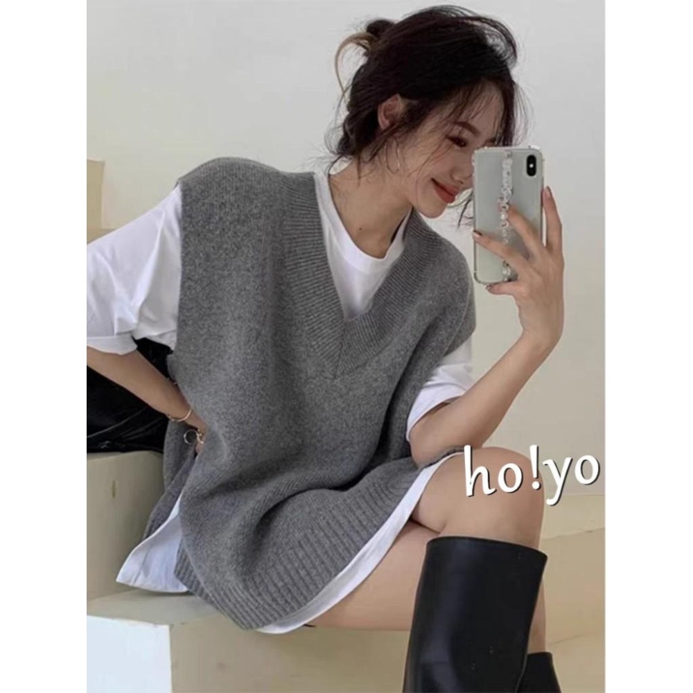 台灣現貨🇹🇼 韓系彈性 V領前短後長針織背心 毛衣背心 毛衣 上衣 女裝 針織上衣 無袖背心 針織背心 馬甲背心-細節圖2