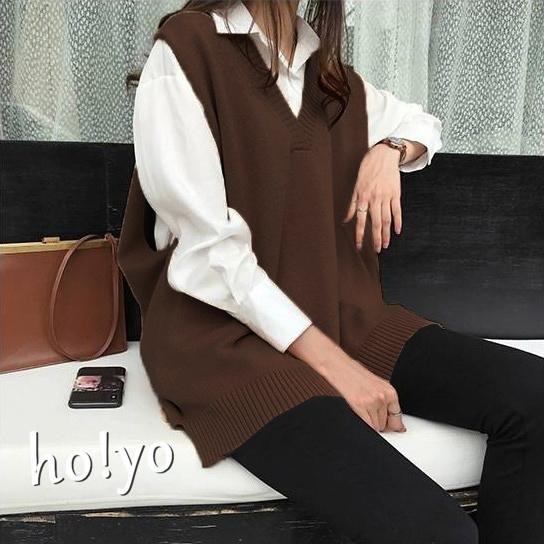 台灣現貨🇹🇼 韓系彈性 V領前短後長針織背心 毛衣背心 毛衣 上衣 女裝 針織上衣 無袖背心 針織背心 馬甲背心-細節圖7