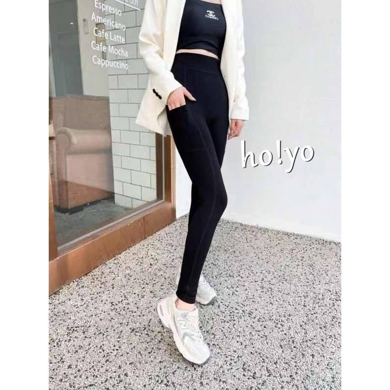 現貨3D高腰收腹兩側口袋 中厚內搭褲 收腹褲 棉褲 打底褲 健身褲 韻律褲 瑜珈褲 鯊魚褲 芭比褲 工作褲 運動褲-細節圖2