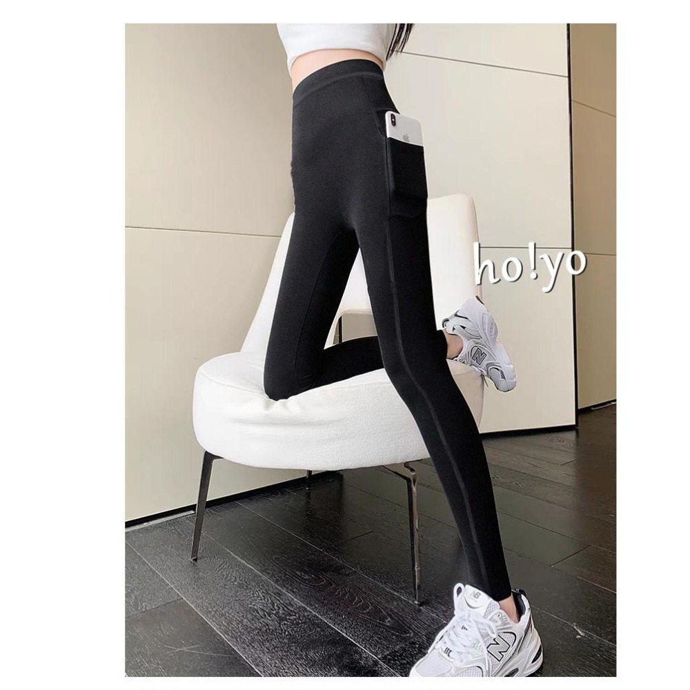 現貨3D高腰收腹兩側口袋 中厚內搭褲 收腹褲 棉褲 打底褲 健身褲 韻律褲 瑜珈褲 鯊魚褲 芭比褲 工作褲 運動褲-細節圖4