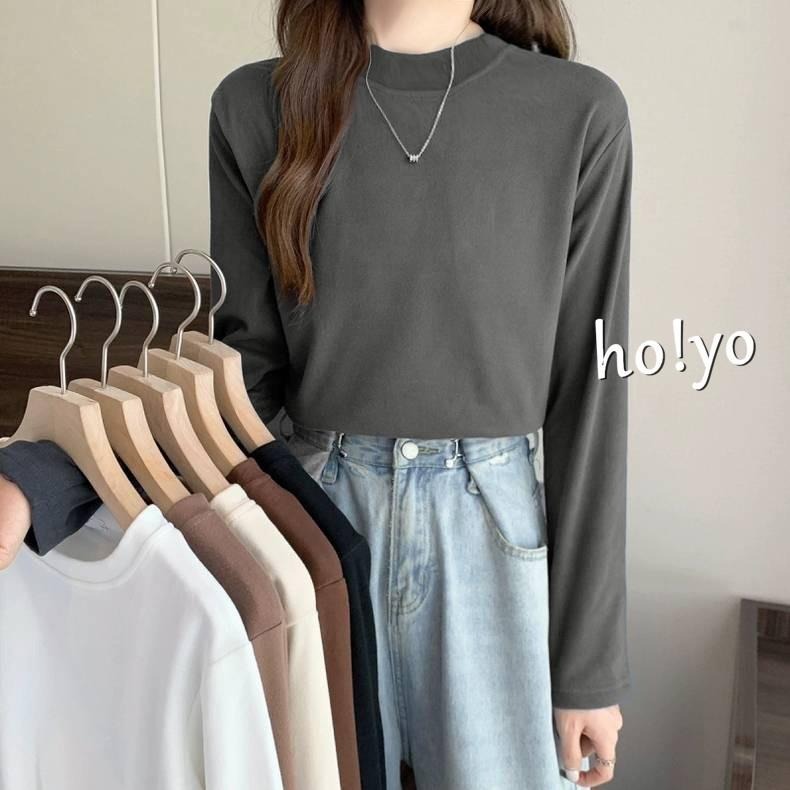 多色任選🌈加厚保暖小立領 半高領雙面德絨上衣 彈性落肩 長袖上衣 磨毛上衣 刷毛上衣 保暖衣 打底衫冬天上衣 圓長袖T恤-細節圖4