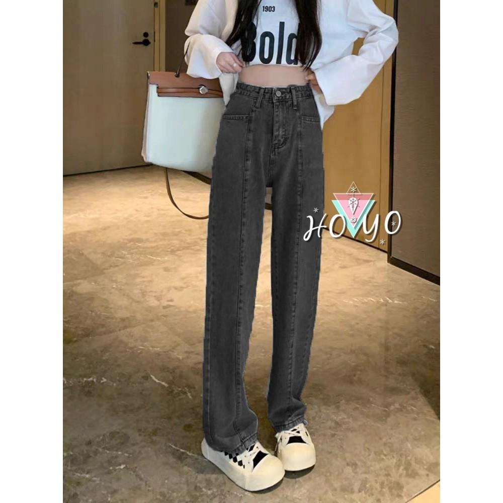 韓系高腰黑灰闊腿褲 直筒褲 落地褲 牛仔寬褲 高腰牛仔褲 褲子 休閒褲 寬褲 A字寬褲 女裝 寬鬆 顯瘦 高腰牛仔-細節圖2