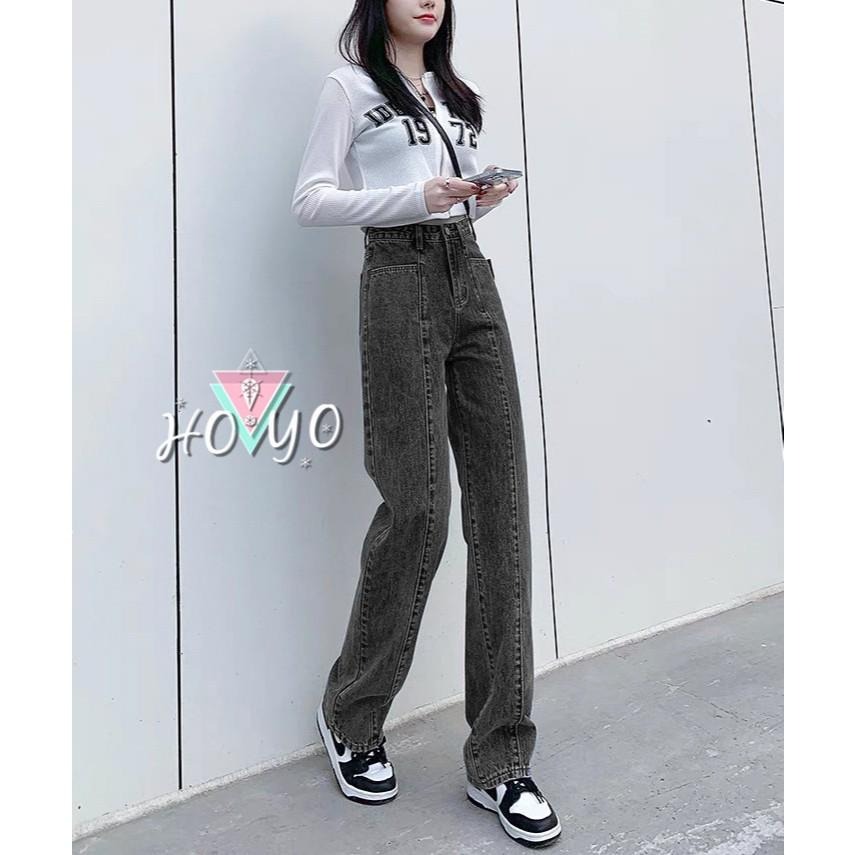 韓系高腰黑灰闊腿褲 直筒褲 落地褲 牛仔寬褲 高腰牛仔褲 褲子 休閒褲 寬褲 A字寬褲 女裝 寬鬆 顯瘦 高腰牛仔-細節圖4