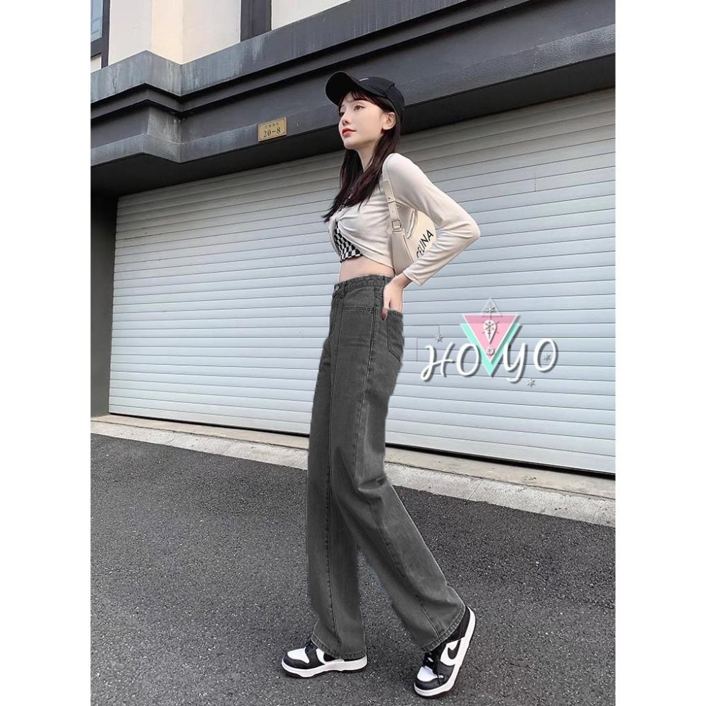 韓系高腰黑灰闊腿褲 直筒褲 落地褲 牛仔寬褲 高腰牛仔褲 褲子 休閒褲 寬褲 A字寬褲 女裝 寬鬆 顯瘦 高腰牛仔-細節圖8