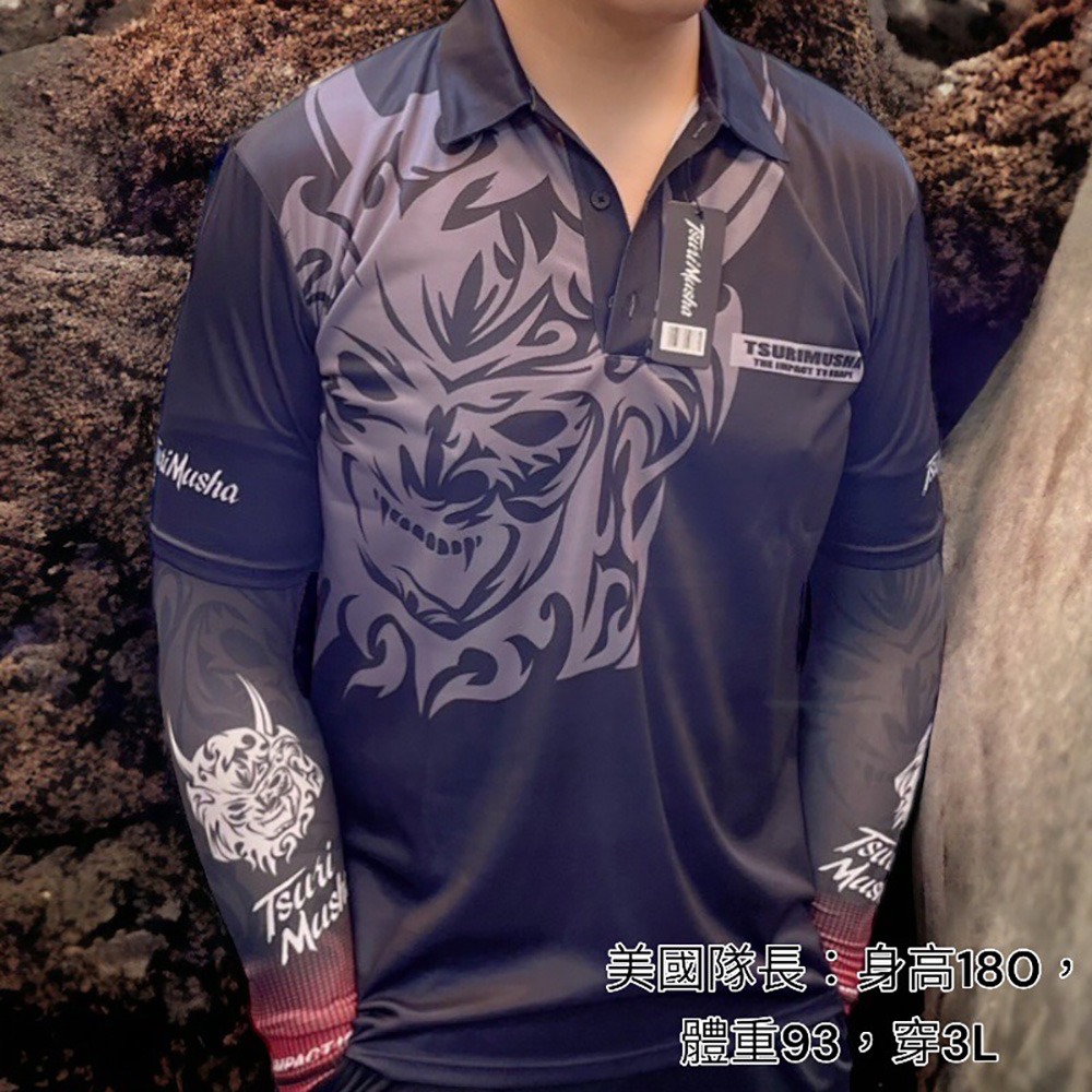 中壢鴻海釣具【TSuriMusha】釣武者 黑色吸水速乾抗UV Musha(鬼頭) 短袖Polo衫-細節圖7