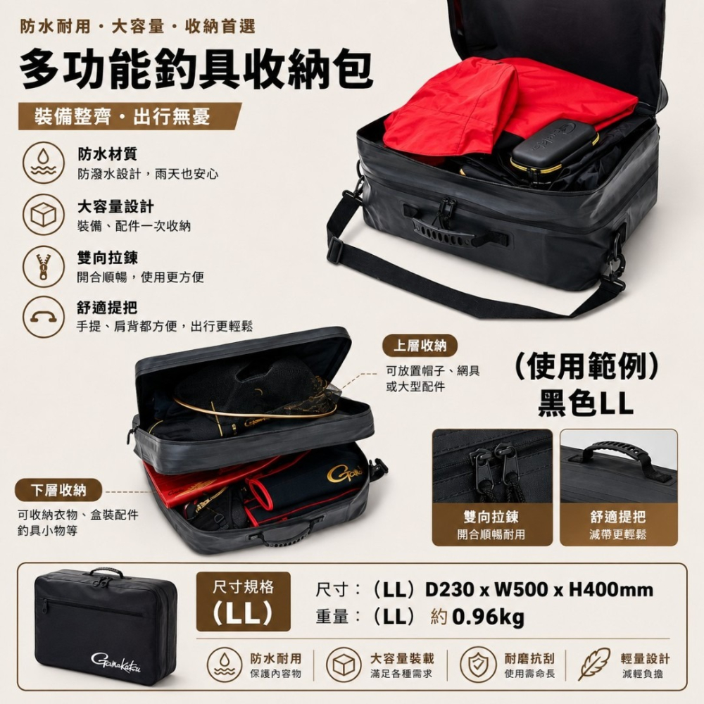 中壢紅海釣具【gamakatsu】GM-2584 多功能收納袋 衣物收納袋 釣具收納袋 防潑水 大容量 磯釣 船釣 海釣-細節圖2