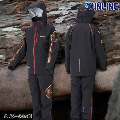 中壢鴻海釣具《SUNLINE》22 SUW-22301 黑色頂級雨衣套裝 SUL-240 黑金色救生衣