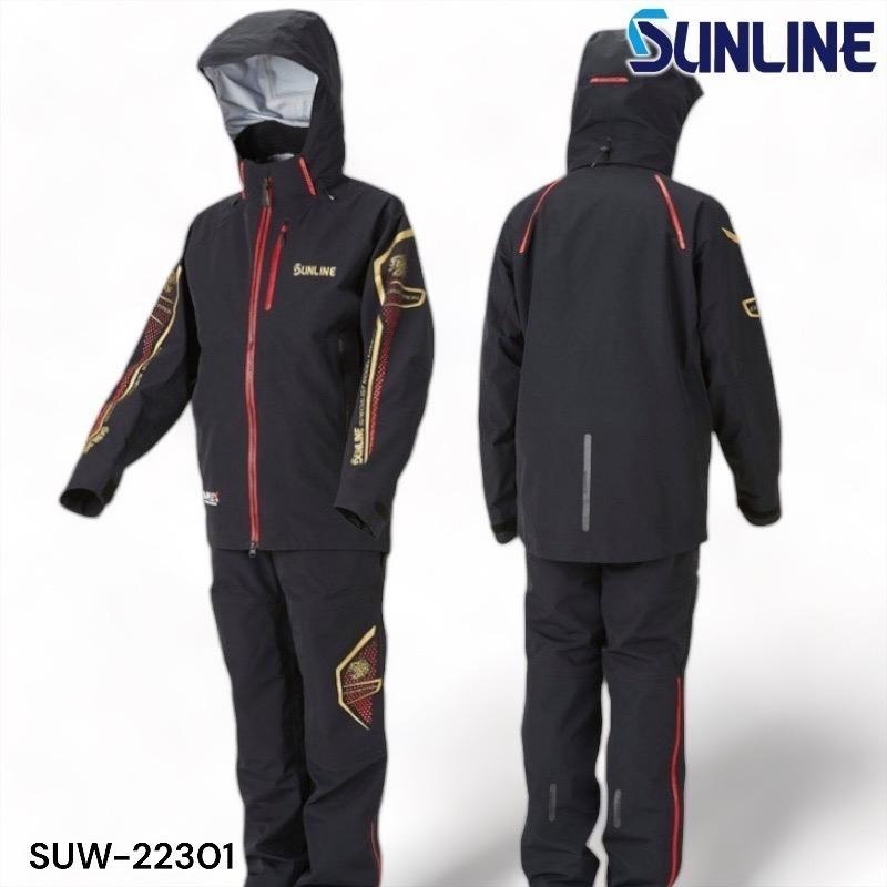 中壢鴻海釣具《SUNLINE》22 SUW-22301 黑色頂級雨衣套裝 SUL-240 黑金色救生衣-細節圖2