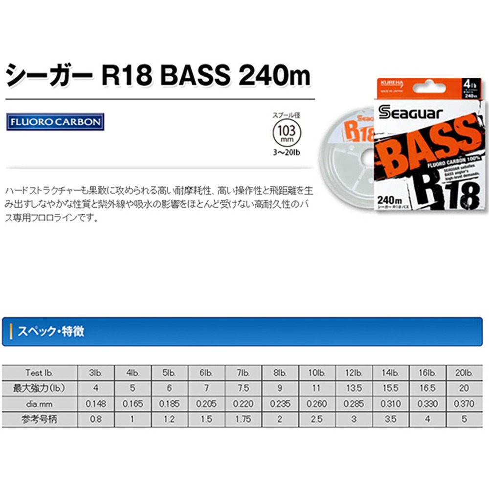 紅海釣具企業社【Seaguar】シーガー R18 BASS 240m 碳纖線 卡夢線 釣魚線 子線 日本島內線-細節圖3