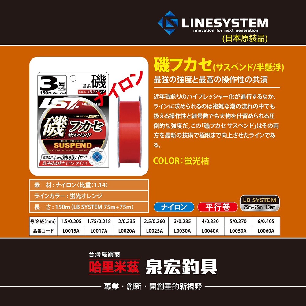 中壢鴻海釣具【LINESYSTEM】 磯フカセ サスペンド150M(桔) 磯釣母線 日本製-細節圖10