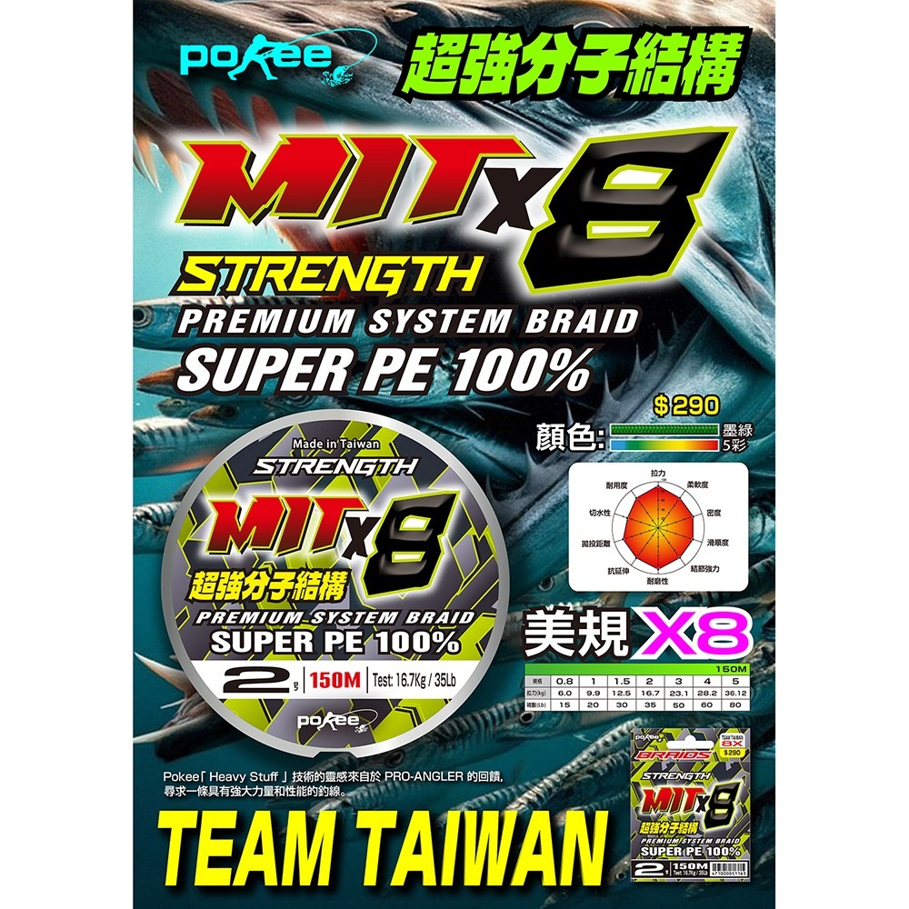 中壢鴻海釣具【pokee】 TEAM TAIWAN(MIT X8) 美規-150M 5色PE線-細節圖2