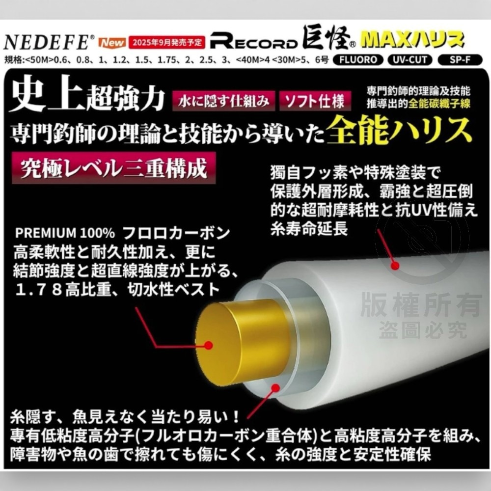 中壢紅海釣具【NEDEFE】巨怪碳子線(50M) 卡夢線 碳纖線-細節圖3