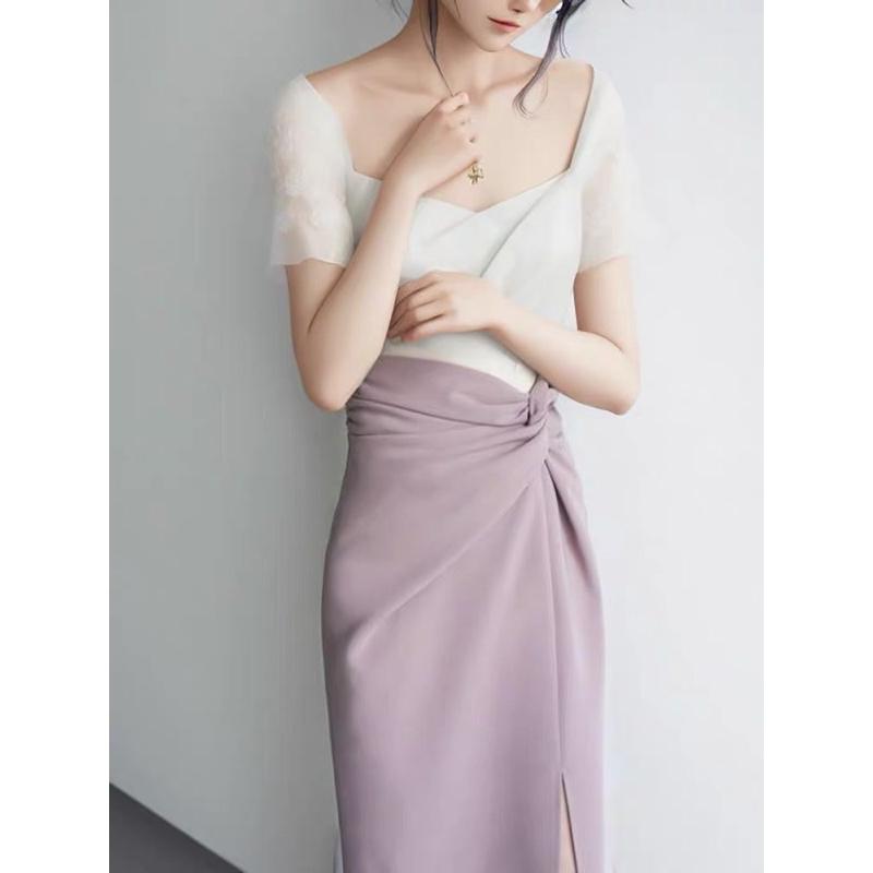 ʀᴏᴀɴɴᴀ_ᴋʀ闆娘自留款✨絕美必買非常溫柔霧霾紫交叉設計高腰長裙側開叉包臀小眾半身裙通勤氣質時髦一步裙半身裙-細節圖2