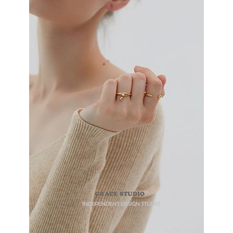 ʀᴏᴀɴɴᴀ_ᴋʀ蘇美之吻簡約法式小眾水滴開口戒指女設計感疊戴金屬風指環-細節圖2