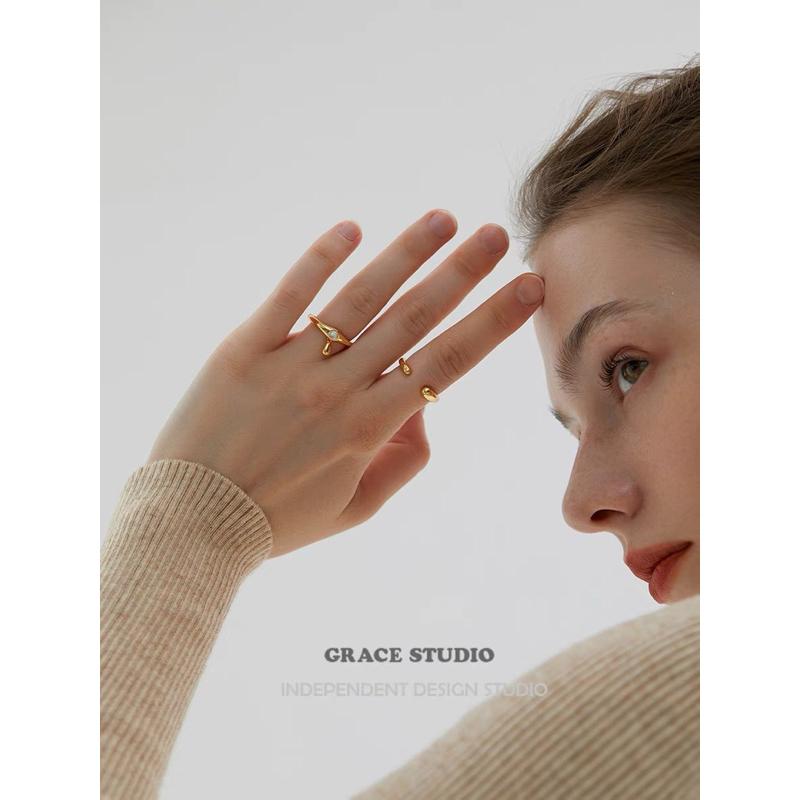 ʀᴏᴀɴɴᴀ_ᴋʀ蘇美之吻簡約法式小眾水滴開口戒指女設計感疊戴金屬風指環-細節圖3