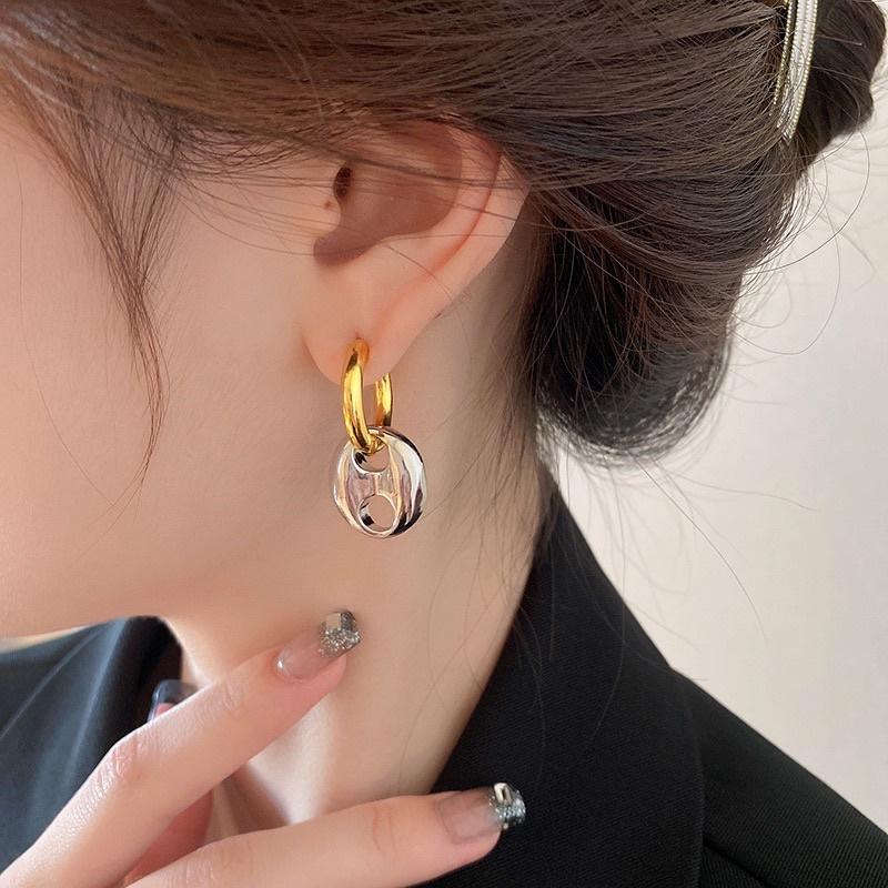 ʀᴏᴀɴɴᴀ_ᴋʀ韓國🇰🇷真金電鍍豬鼻橢圓耳扣輕奢高級感氣質耳環金屬風個性耳飾-細節圖5