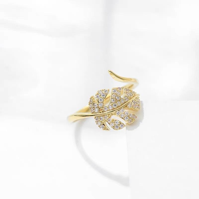 ʀᴏᴀɴɴᴀ_ᴋʀ實體質感超好✨時尚滿鑽熱帶雨林龜背芋金屬感戒指法式奢華食指指環高檔氣質小眾設計尾戒開口可調節-細節圖2