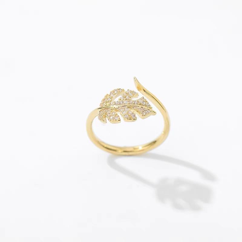 ʀᴏᴀɴɴᴀ_ᴋʀ實體質感超好✨時尚滿鑽熱帶雨林龜背芋金屬感戒指法式奢華食指指環高檔氣質小眾設計尾戒開口可調節-細節圖3