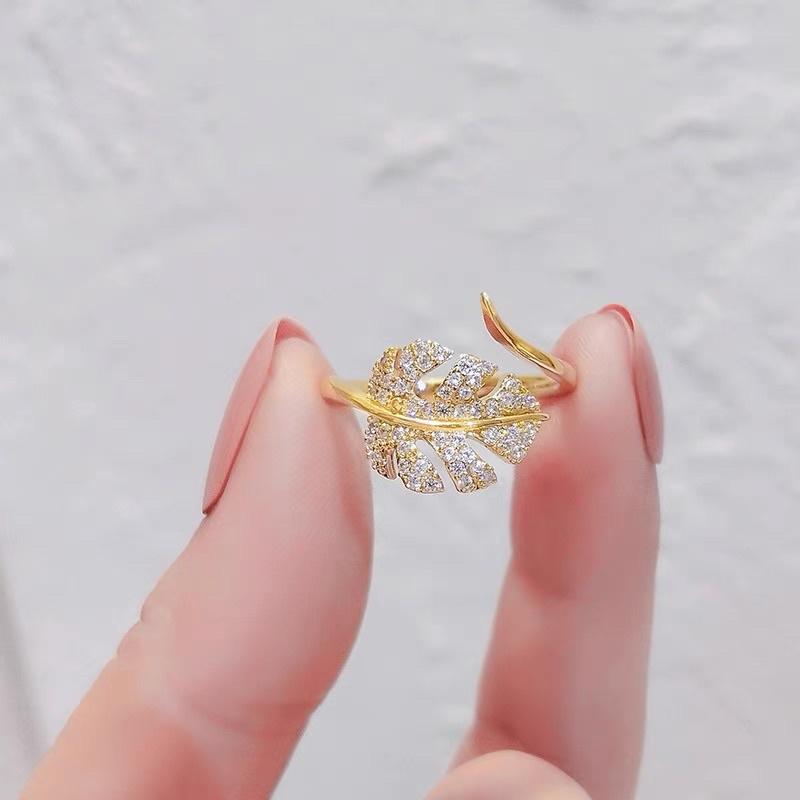 ʀᴏᴀɴɴᴀ_ᴋʀ實體質感超好✨時尚滿鑽熱帶雨林龜背芋金屬感戒指法式奢華食指指環高檔氣質小眾設計尾戒開口可調節-細節圖5