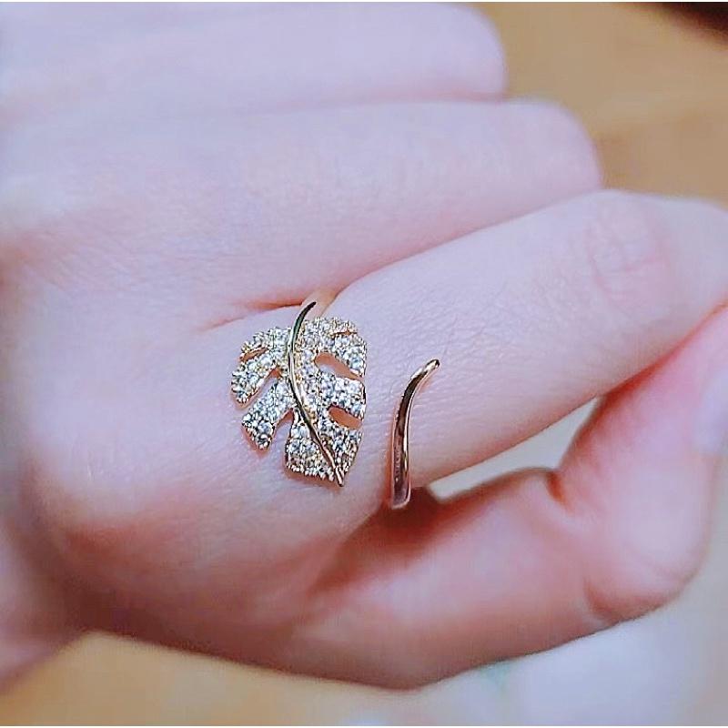 ʀᴏᴀɴɴᴀ_ᴋʀ實體質感超好✨時尚滿鑽熱帶雨林龜背芋金屬感戒指法式奢華食指指環高檔氣質小眾設計尾戒開口可調節-細節圖6