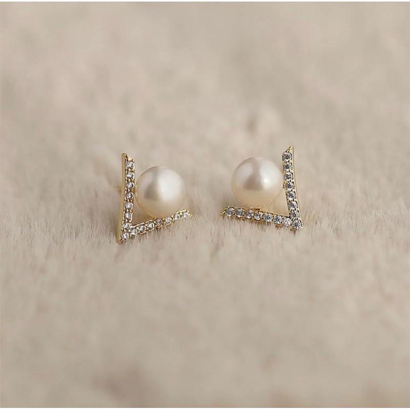 ʀᴏᴀɴɴᴀ_ᴋʀ S925銀針鋯鑽天然珍珠耳釘設計高級感耳環女氣質韓國簡約百搭耳飾-細節圖7