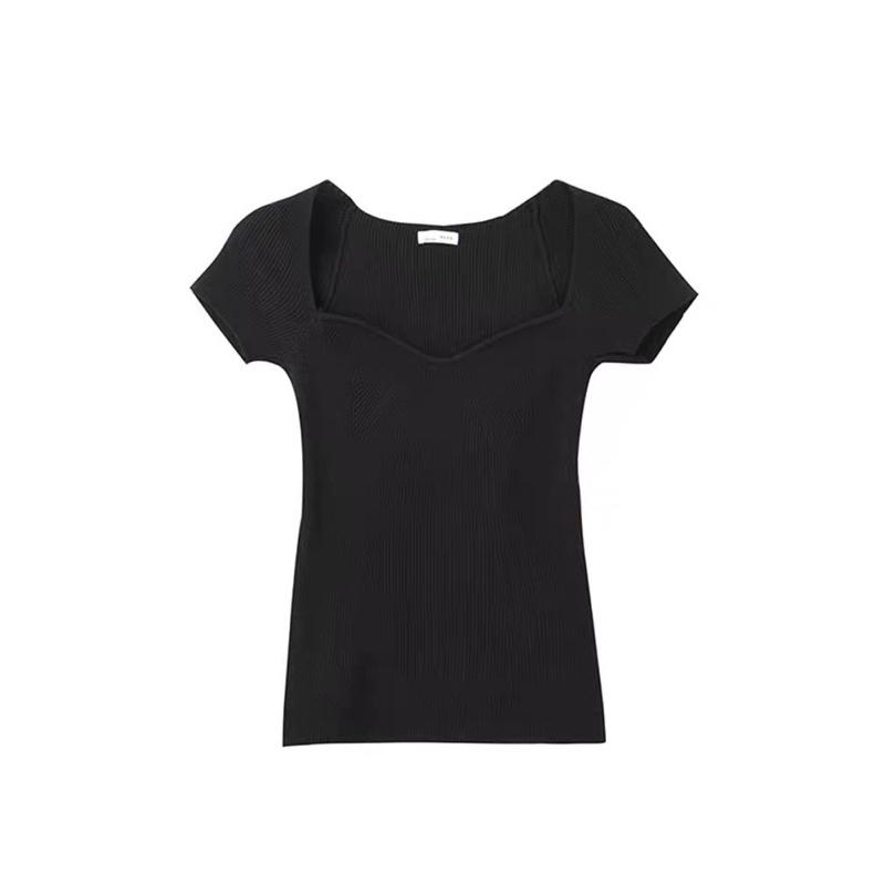 ʀᴏᴀɴɴᴀ_ᴋʀ氣質有品味桃心領氣質方領上衣女性感修身顯瘦法式春夏季薄款2023新款網紅時尚短袖針織衫-細節圖5