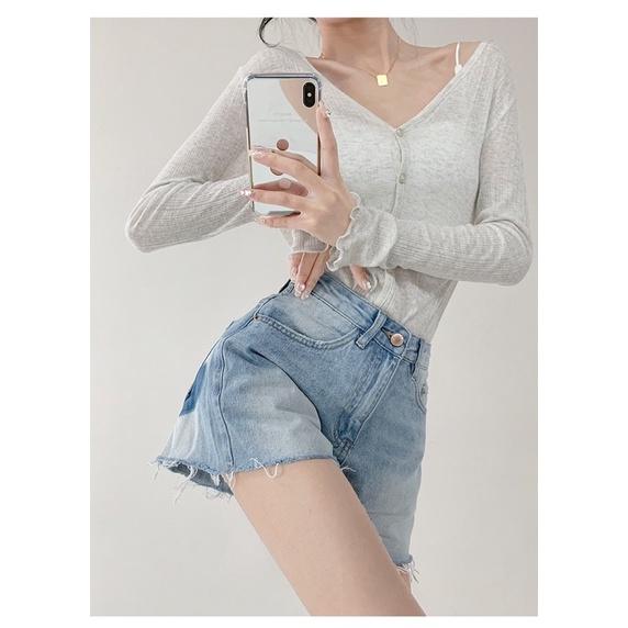 ʀᴏᴀɴɴᴀ_ᴋʀ軟糯嬰兒藍透視防曬上衣女不規則單排扣V領修身顯瘦針織開衫衣-細節圖4