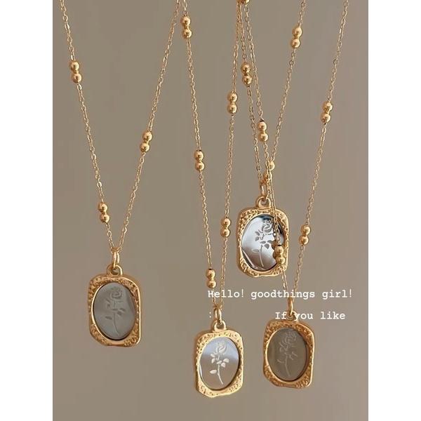 ʀᴏᴀɴɴᴀ_ᴋʀ激美🔥百搭時髦小眾復古設計感金邊魔境玫瑰花襯衫項鍊百搭氣質鈦鋼頸鏈長款飾品項鍊-細節圖5