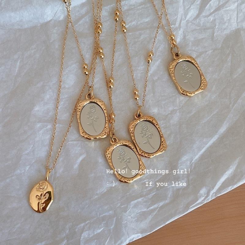 ʀᴏᴀɴɴᴀ_ᴋʀ激美🔥百搭時髦小眾復古設計感金邊魔境玫瑰花襯衫項鍊百搭氣質鈦鋼頸鏈長款飾品項鍊-細節圖7