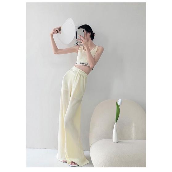 ʀᴏᴀɴɴᴀ_ᴋʀ輕飄飄高腰大長腿垂墜感前開叉冰絲闊腿雪紡褲寬鬆休閒顯瘦直筒拖地長褲白色落地褲-細節圖2