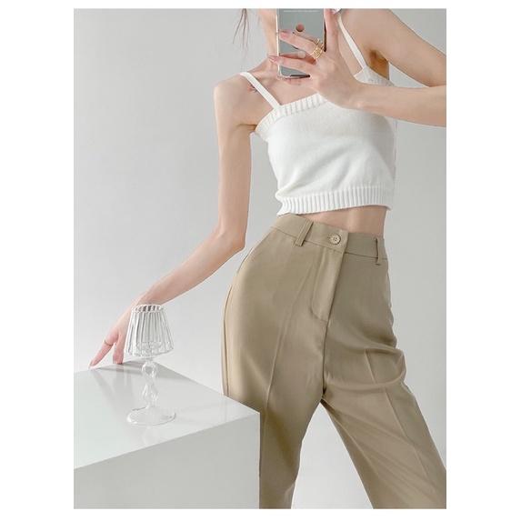 ʀᴏᴀɴɴᴀ_ᴋʀ歐美街頭垂墜感開叉西裝褲高腰修身顯瘦直筒休閒拖地褲白色落地褲神褲-細節圖5